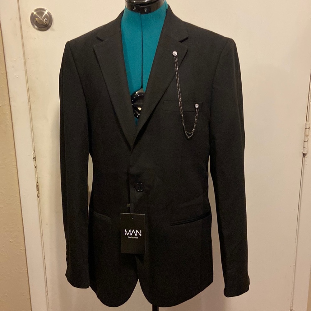 MAN boohoo Black Single Breasted Skinny Chain Suit Jacket size 40